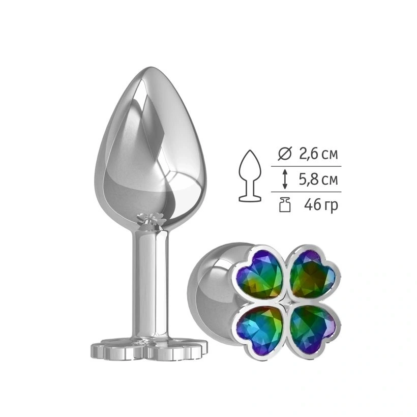 Анальный стимулятор Джага-Джага, 7 см, серебристая втулка с клевером из радужных кристаллов - изображение товара