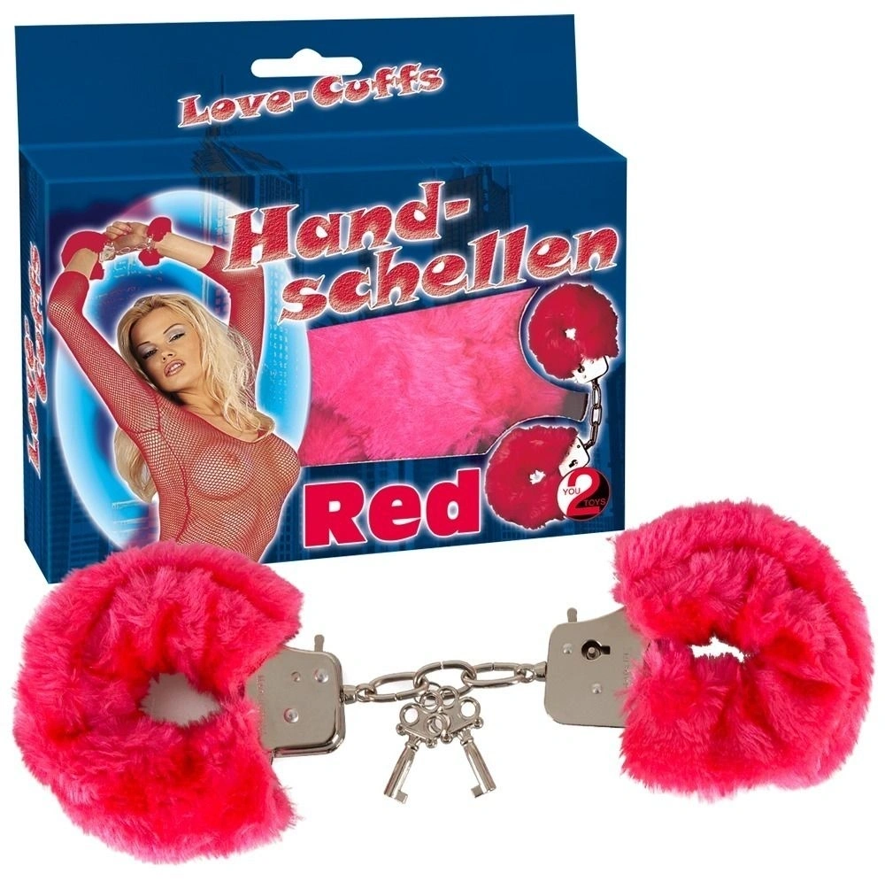 Малиновые меховые наручники Love Cuffs Red - изображение товара